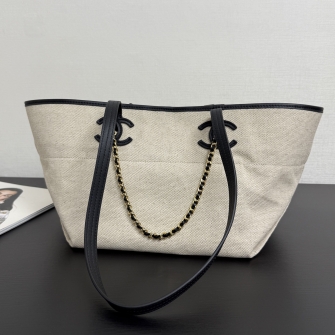 CHANEL 샤넬 코코비치 에크루 캔버스 쇼핑백 AS6285
